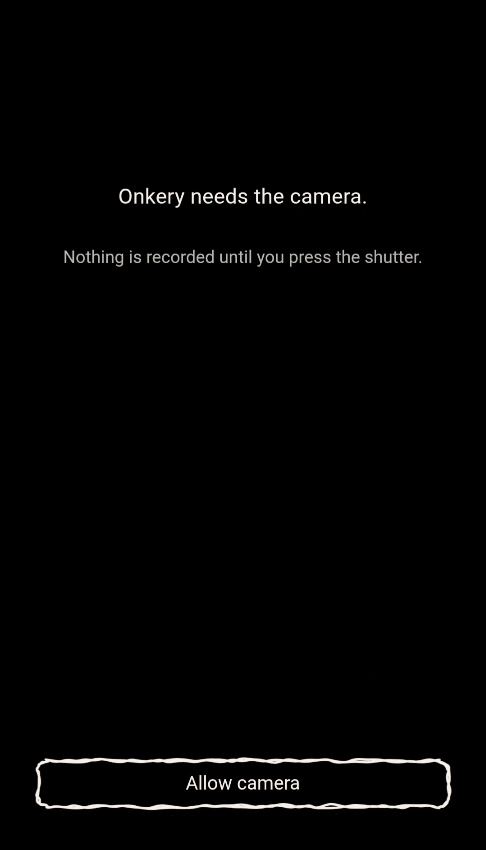 Black screen: Onkery needs the camera. Nothing is recorded until you press the shutter. Hand-drawn Allow camera button.
