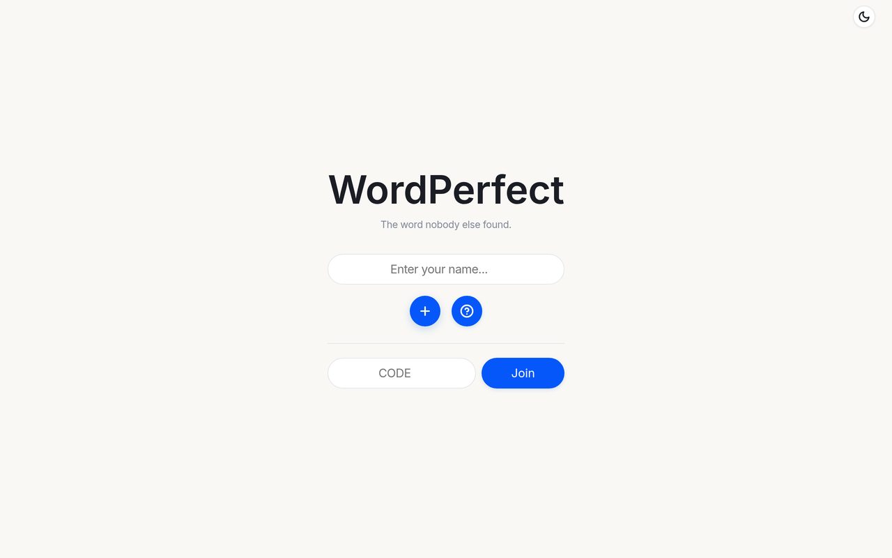 WordPerfect home screen with title, tagline 'The word nobody else found', name input field, create room and how-to-play buttons, and room code join field.