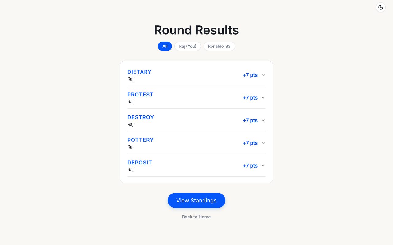 Round results screen with filter chips for All, Raj, and bot player, showing scored words like DIETARY and PROTEST with point values.