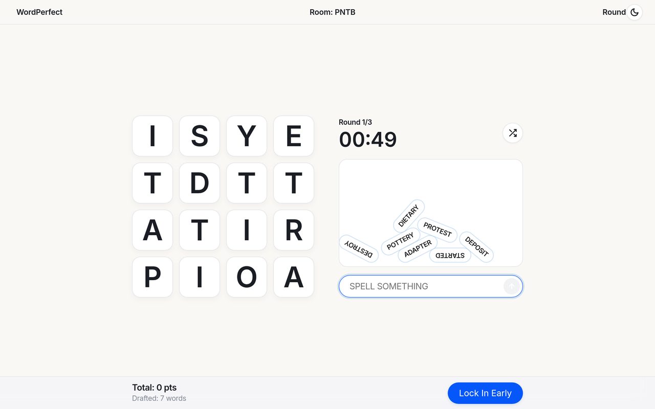 In-round game board with 4x4 letter grid, Round 1/3 indicator, 00:49 timer, seven found words stacked as physics pills, and Lock In Early button.